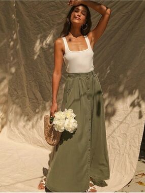 NWT pistola Olive Button-Front Maxi Skirt A-line Size Small